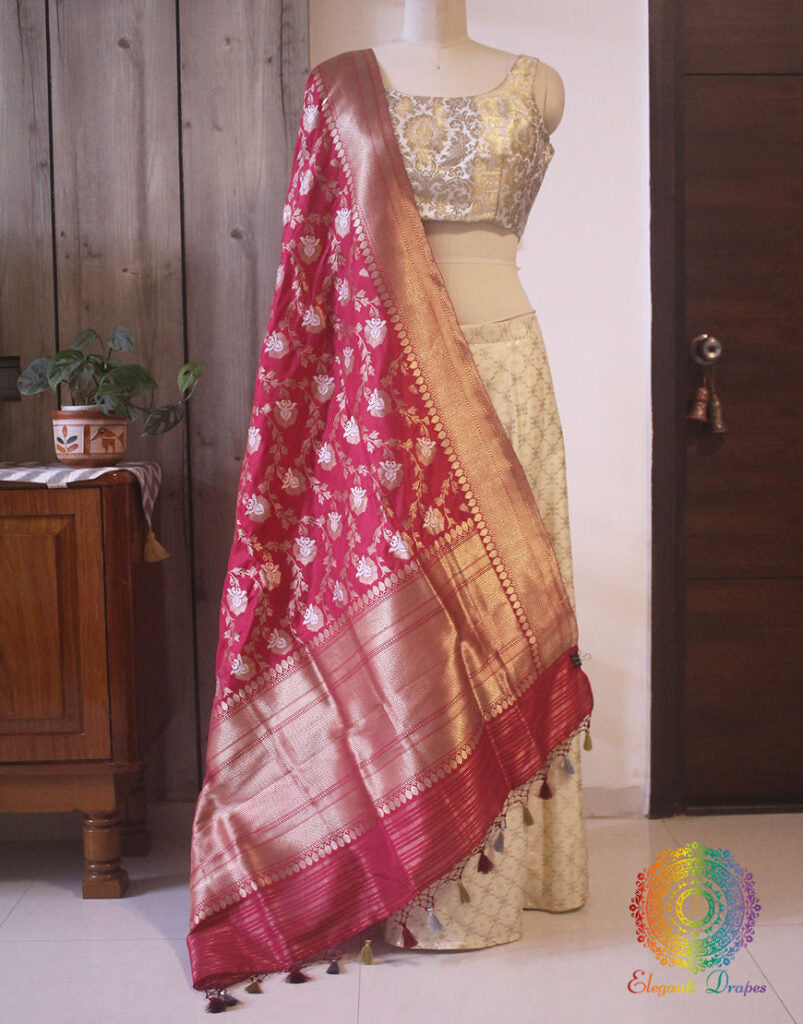 Deep Pink Banarasi Handloom Pure Katan Silk Jungla Dupatta | Elegantt Drapes