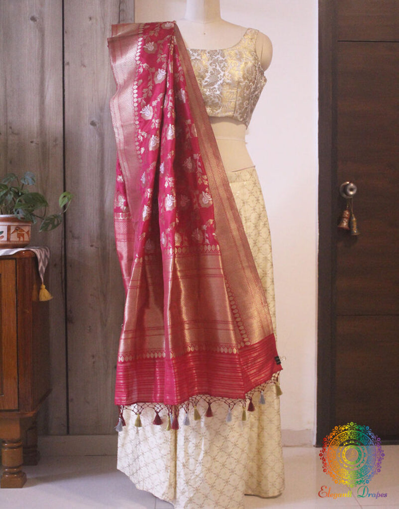 Deep Pink Banarasi Handloom Pure Katan Silk Jungla Dupatta | Elegantt Drapes