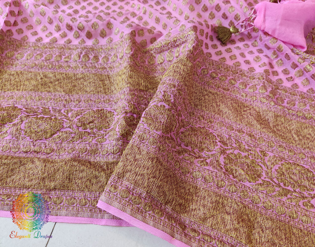 Pink Banarasi Handloom Pure Khaddi Georgete Saree – Handloom Saree Online India | Elegantt Drapes
