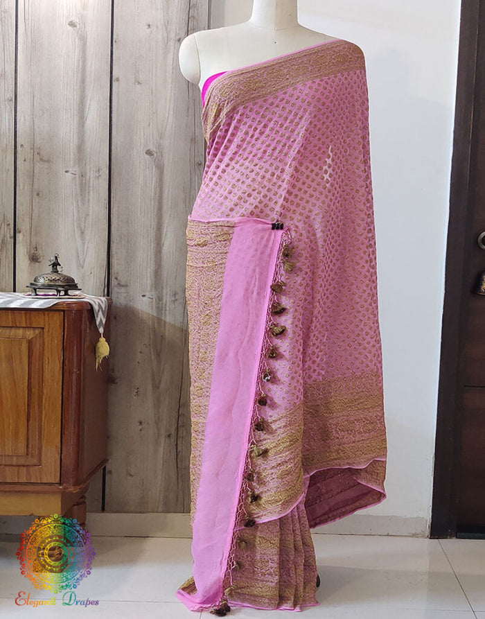 Pink Banarasi Handloom Pure Khaddi Georgete Saree – Handloom Saree Online India | Elegantt Drapes