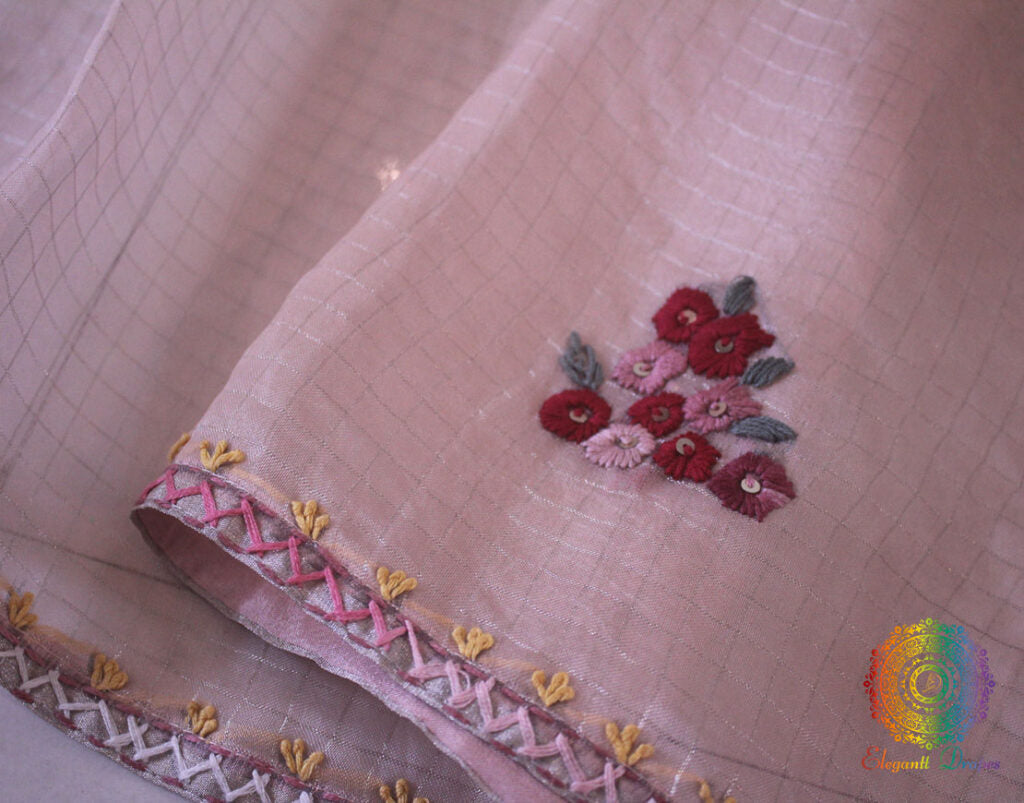 Blush Pink Pure Organza Silk Hand Embroidered Saree – Handloom Saree Online India | Elegantt Drapes