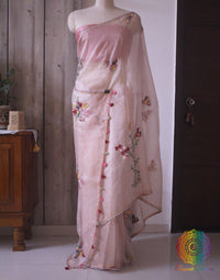 Blush Pink Pure Organza Silk Hand Embroidered Saree – Handloom Saree Online India | Elegantt Drapes