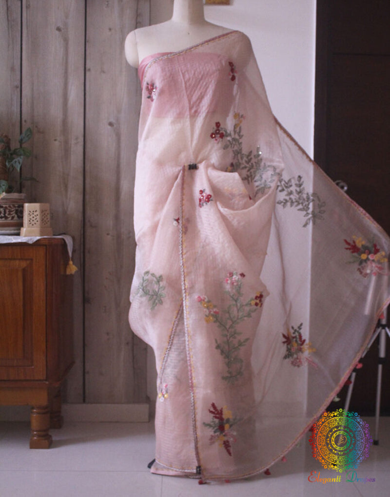 Blush Pink Pure Organza Silk Hand Embroidered Saree – Handloom Saree Online India | Elegantt Drapes