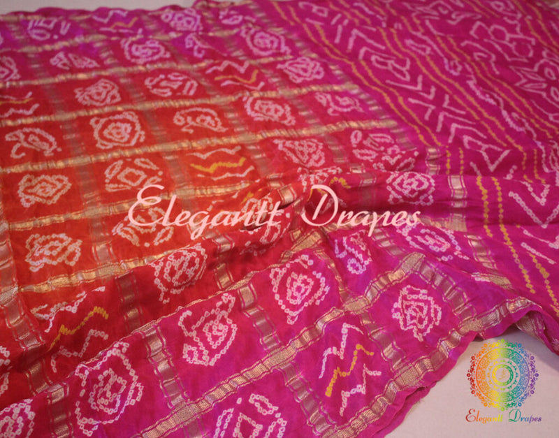 Pink Orange Gharchola Bandhani saree with traditional Gujarati tie dye