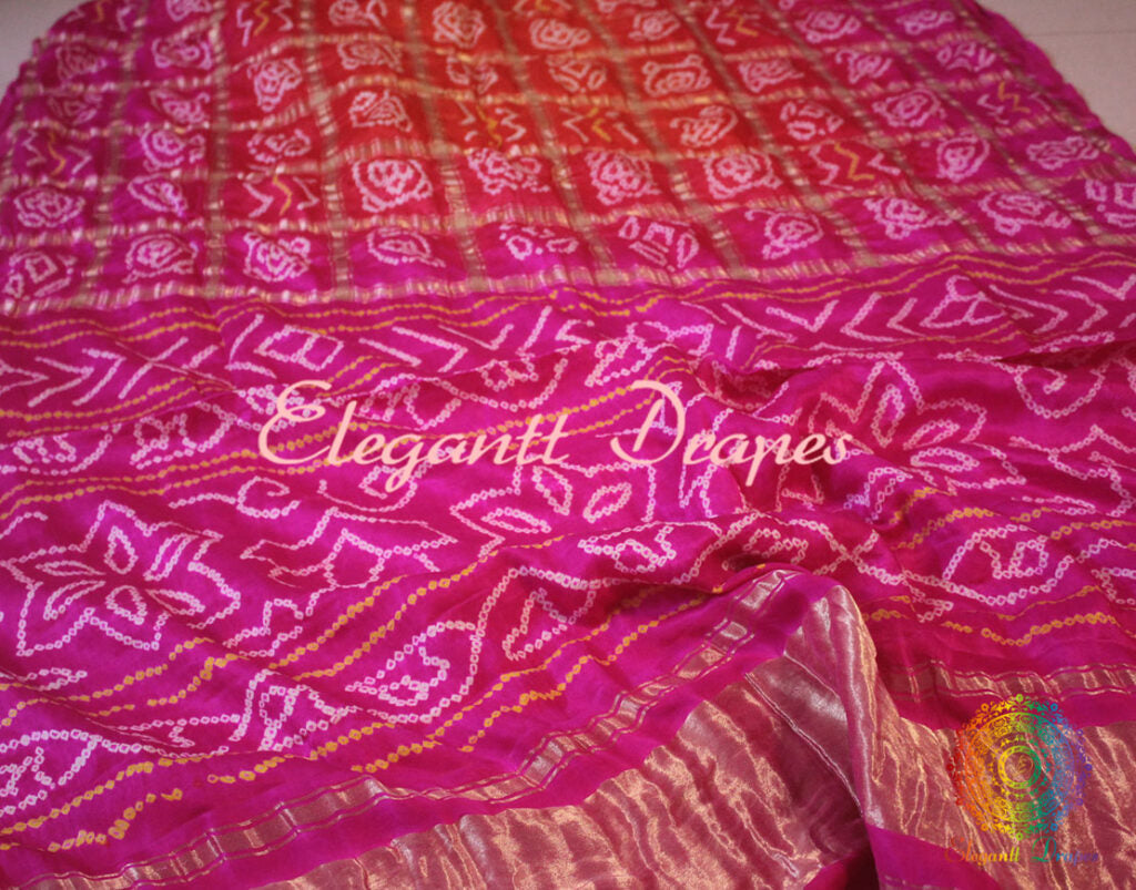 Pink Orange Gharchola saree pallu with Bandhej detailing