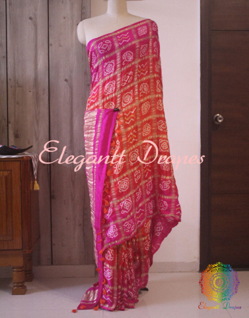 Pink Orange Gharchola saree pallu with Bandhej detailing