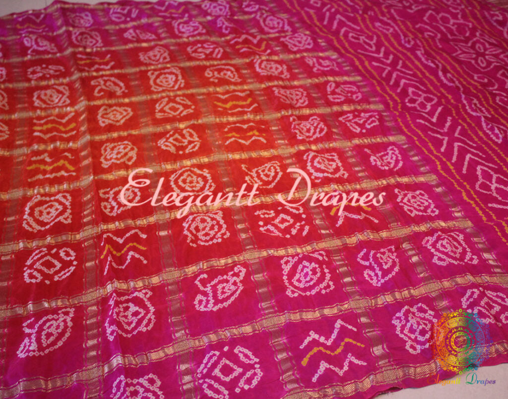 Pink Orange Gharchola saree pallu with Bandhej detailing