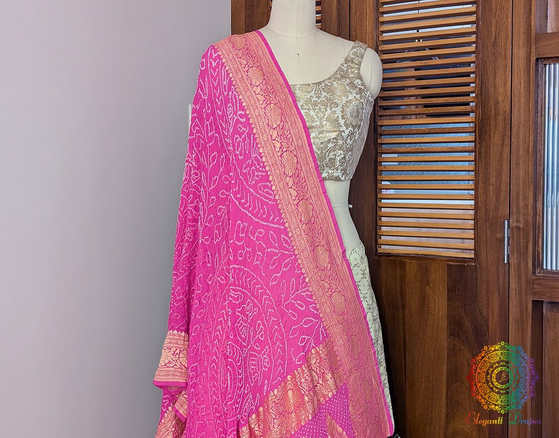 Pink Banarasi Georgette Rai Bandhej Dupatta – Bandhani Saree Online India | Elegantt Drapes