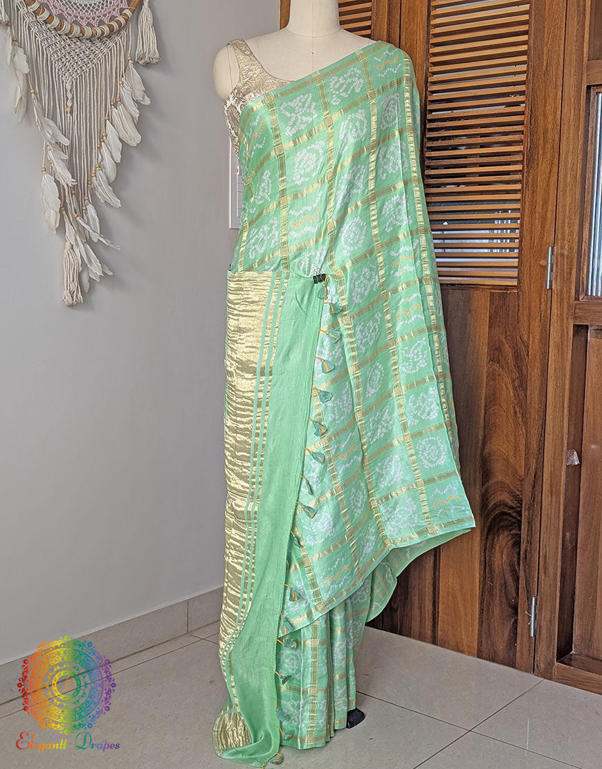 Pista Green Gharchola Bandhani saree with traditional Gujarati tie dye