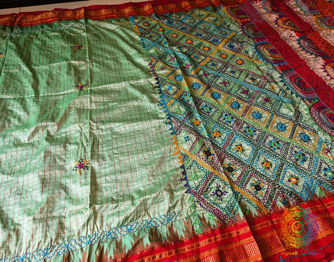 Pista Green Pure Ilkal Silk Lambani Handwork Saree – Ilkal Handloom Saree Online India | Elegantt Drapes