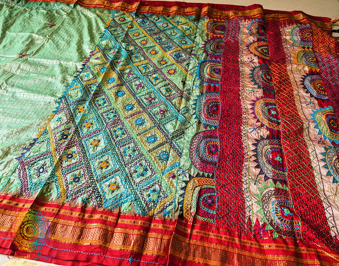 Pista Green Pure Ilkal Silk Lambani Handwork Saree – Ilkal Handloom Saree Online India | Elegantt Drapes