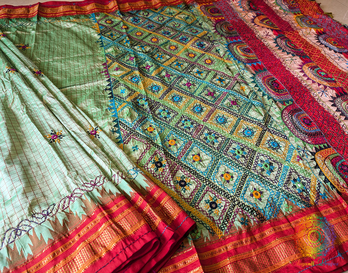 Pista Green Pure Ilkal Silk Lambani Handwork Saree – Ilkal Handloom Saree Online India | Elegantt Drapes