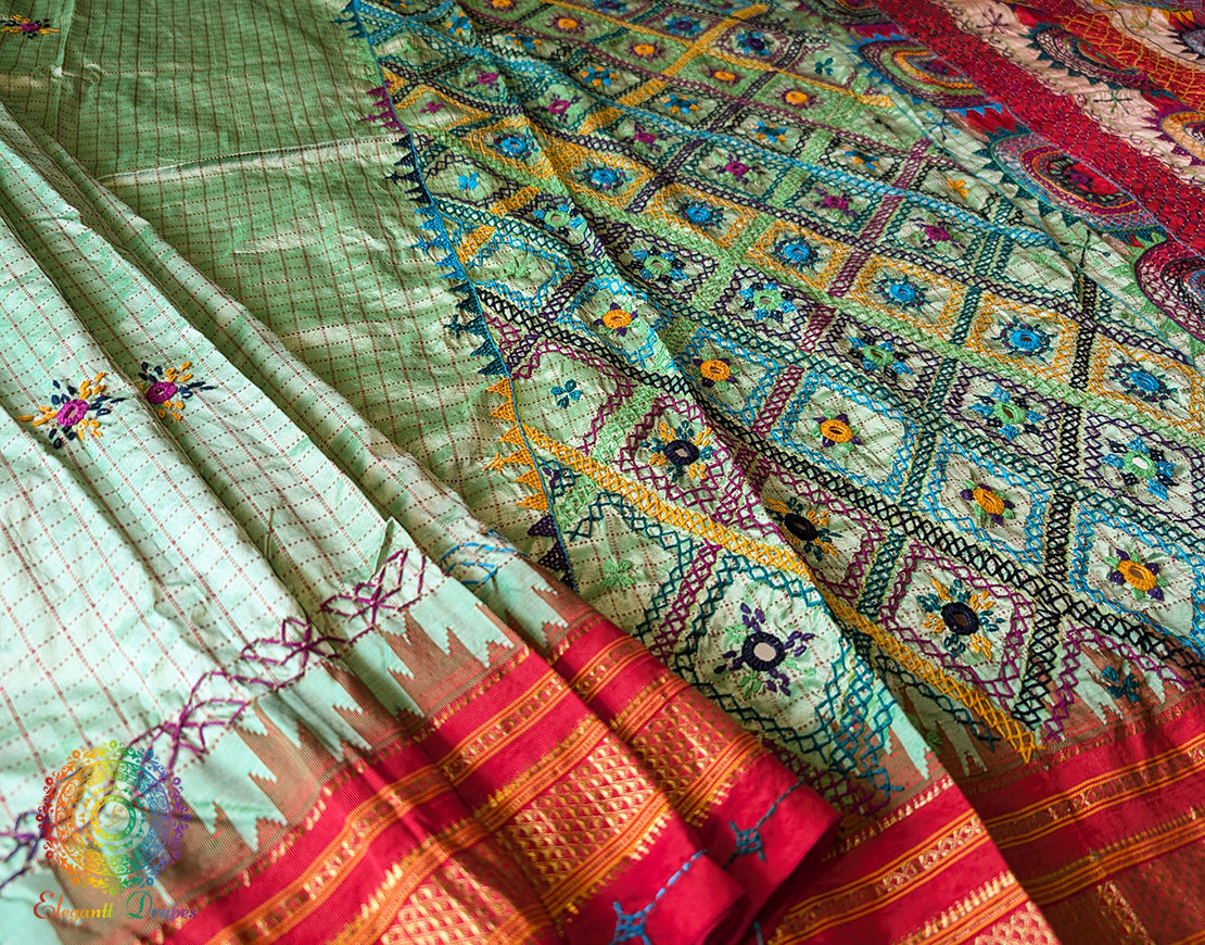 Pista Green Pure Ilkal Silk Lambani Handwork Saree – Ilkal Handloom Saree Online India | Elegantt Drapes