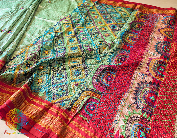 Pista Green Pure Ilkal Silk Lambani Handwork Saree – Ilkal Handloom Saree Online India | Elegantt Drapes