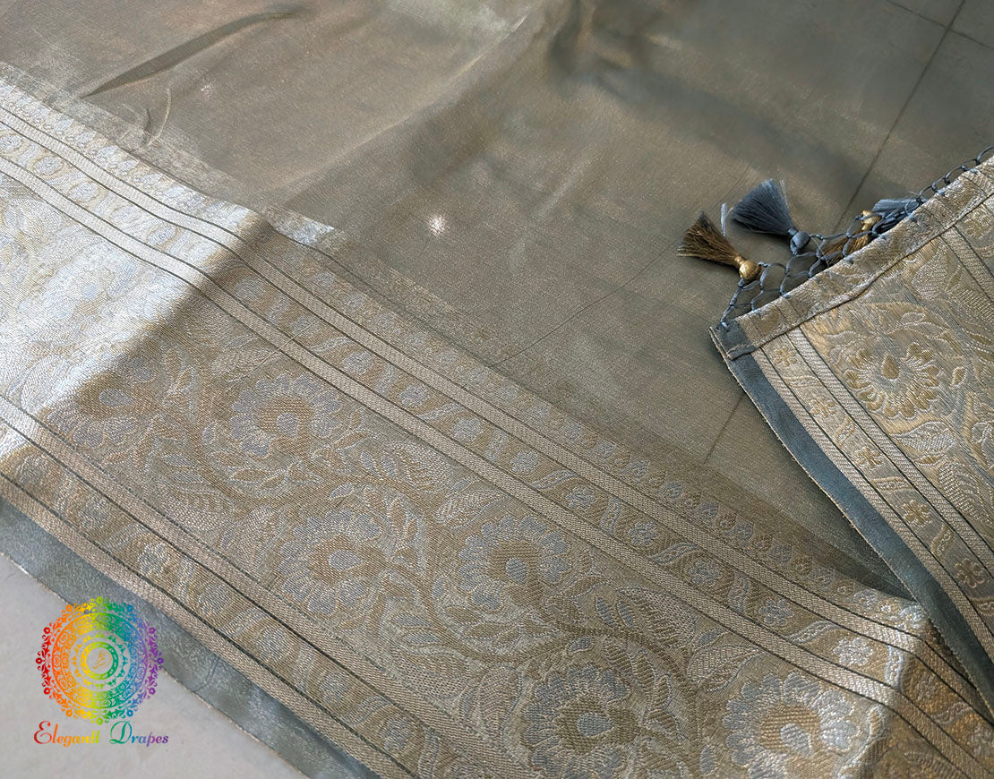 Sage Green Pure Banarasi Tissue Silk Saree – Handloom Saree Online India | Elegantt Drapes