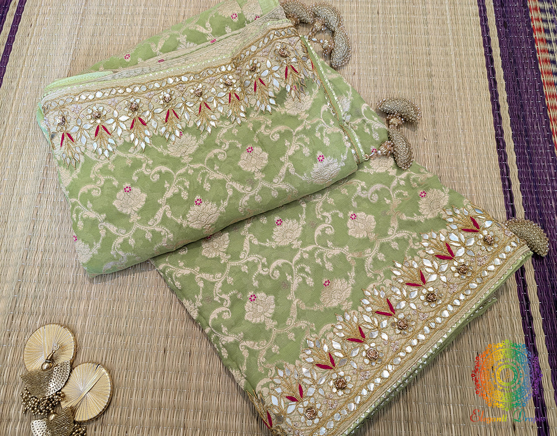 Pista Green Banarasi Pure Georgette Gota Patti Saree – Handloom Saree Online India | Elegantt Drapes