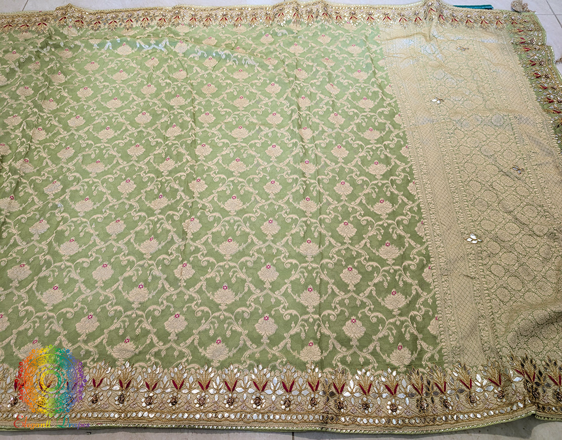 Pista Green Banarasi Pure Georgette Gota Patti Saree – Handloom Saree Online India | Elegantt Drapes
