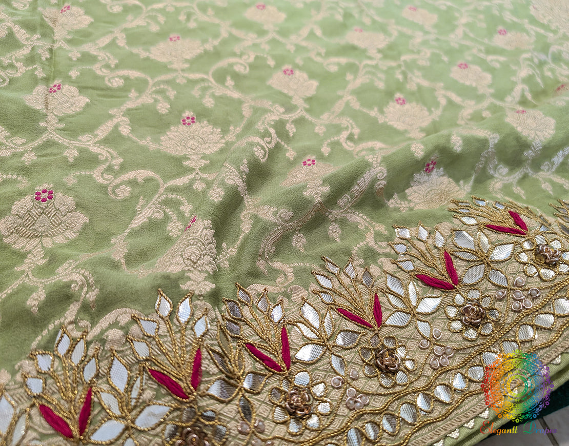 Pista Green Banarasi Pure Georgette Gota Patti Saree – Handloom Saree Online India | Elegantt Drapes
