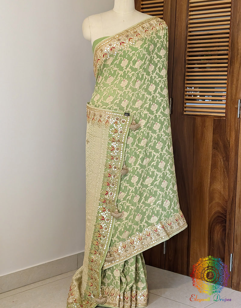 Pista Green Banarasi Pure Georgette Gota Patti Saree – Handloom Saree Online India | Elegantt Drapes