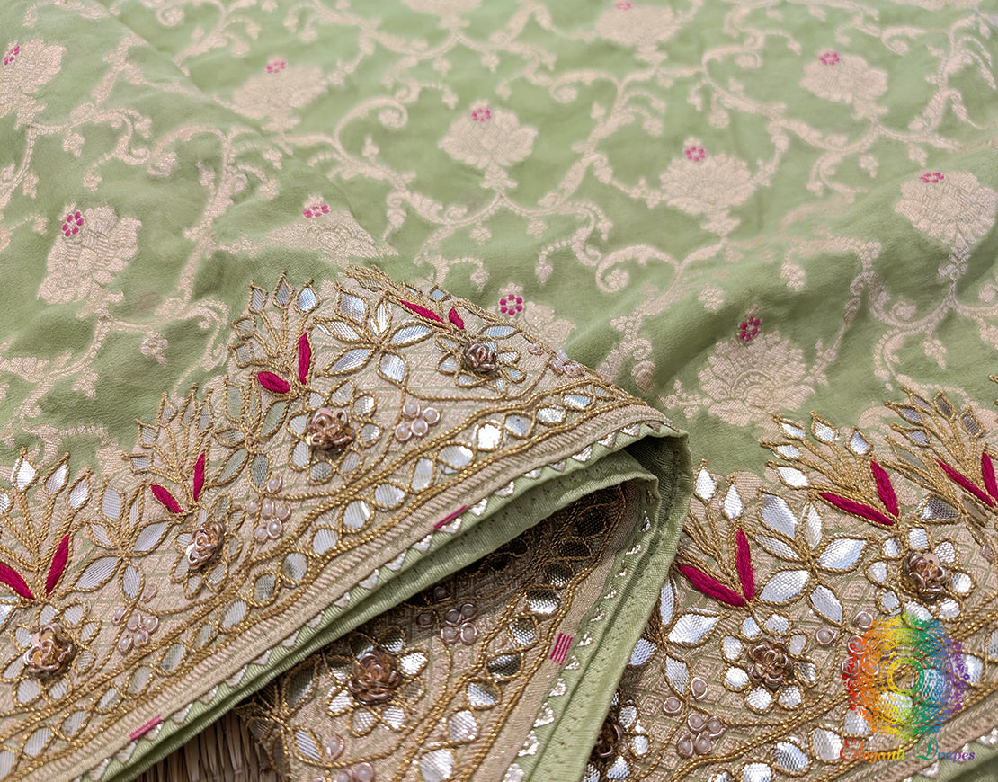 Pista Green Banarasi Pure Georgette Gota Patti Saree – Handloom Saree Online India | Elegantt Drapes