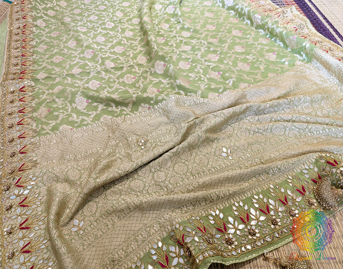 Pista Green Banarasi Pure Georgette Gota Patti Saree – Handloom Saree Online India | Elegantt Drapes