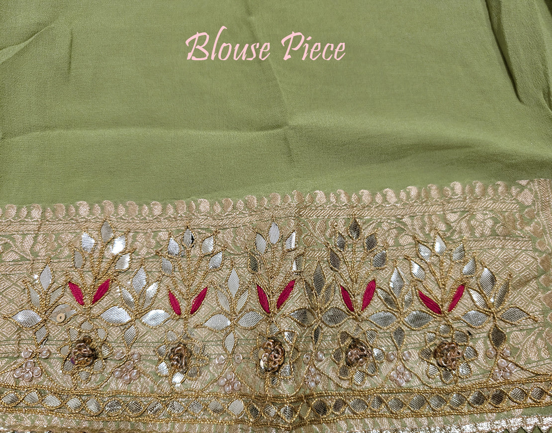 Pista Green Banarasi Pure Georgette Gota Patti Saree – Handloom Saree Online India | Elegantt Drapes