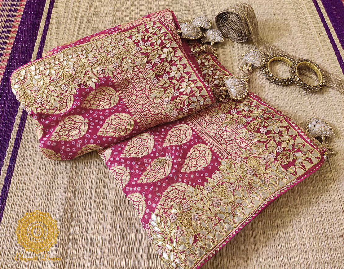 Plum Pure Banarasi Georgette Bandhani Gota Saree – Bandhani Saree Online India | Elegantt Drapes
