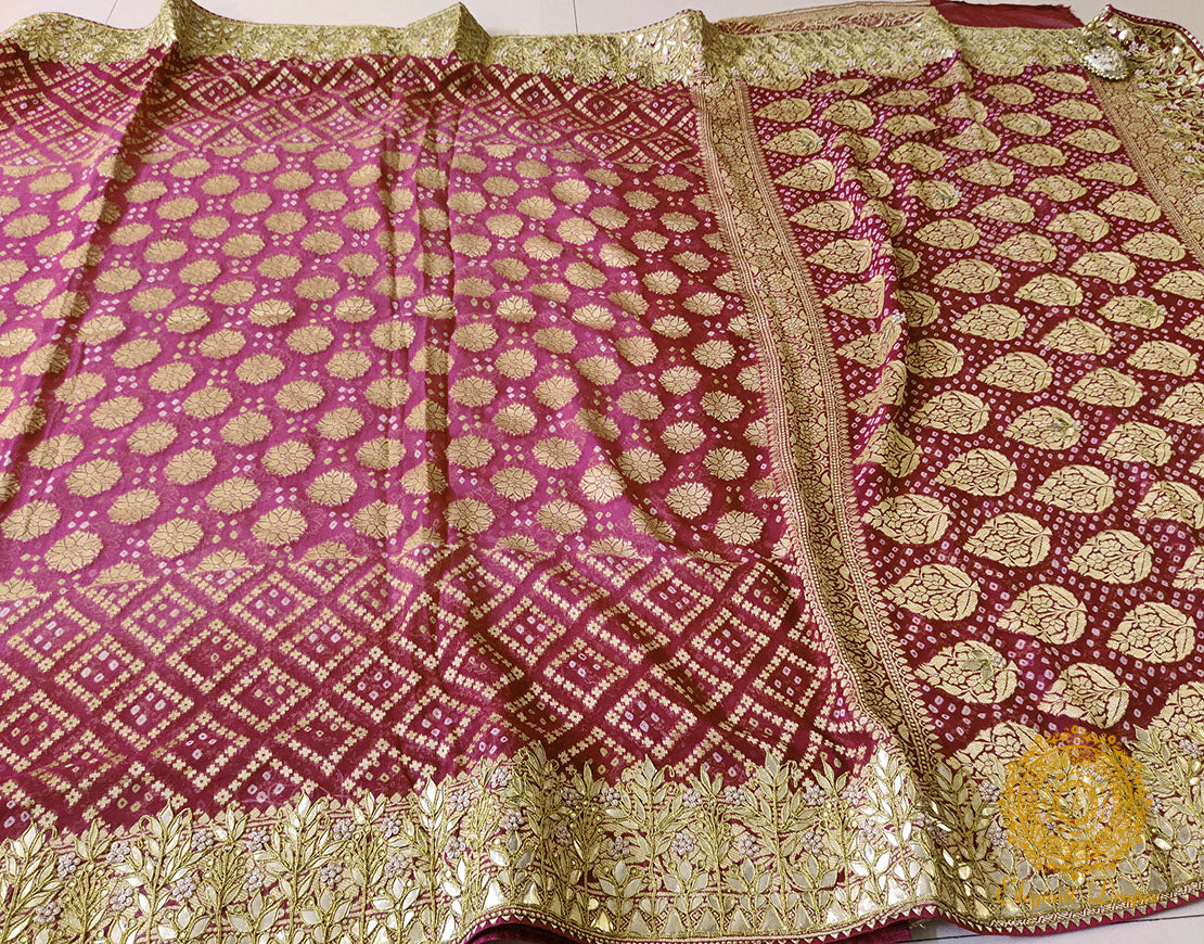 Plum Pure Banarasi Georgette Bandhani Gota Saree – Bandhani Saree Online India | Elegantt Drapes