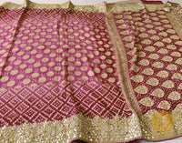 Plum Pure Banarasi Georgette Bandhani Gota Saree – Bandhani Saree Online India | Elegantt Drapes