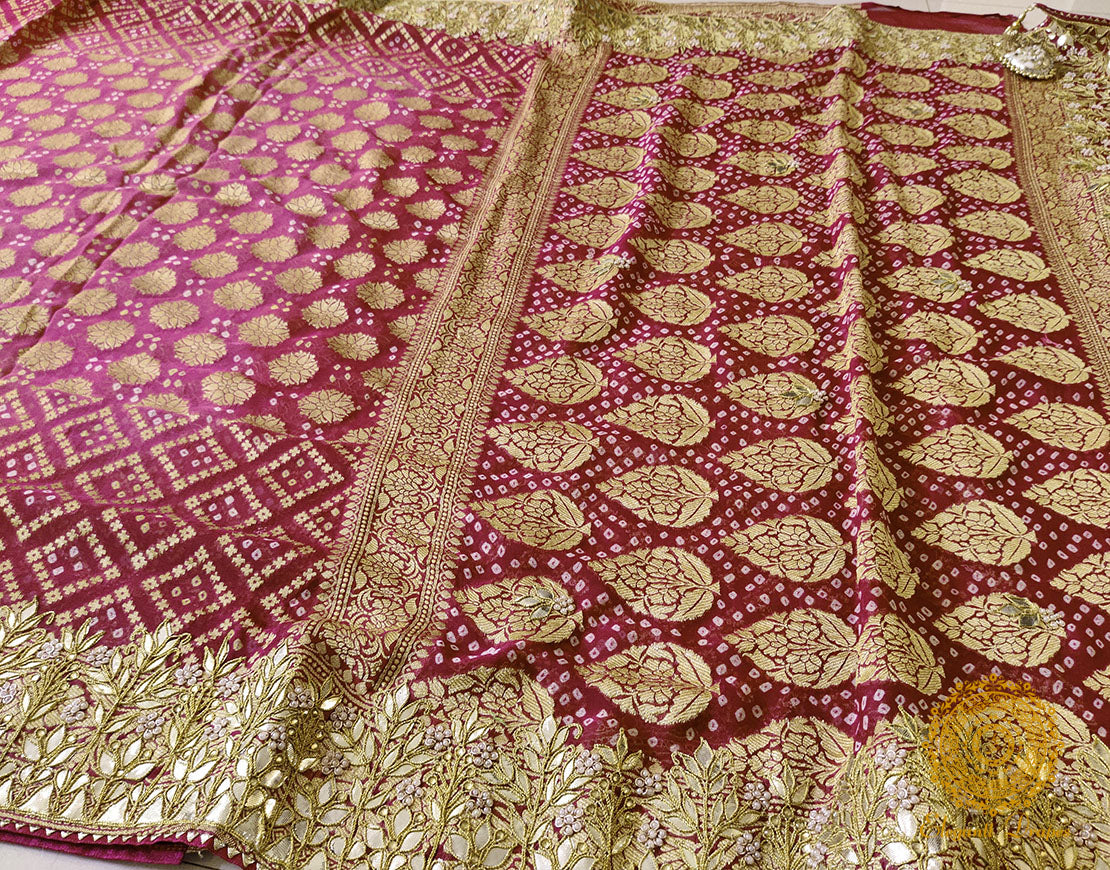 Plum Pure Banarasi Georgette Bandhani Gota Saree – Bandhani Saree Online India | Elegantt Drapes