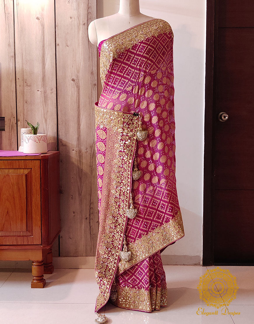 Plum Pure Banarasi Georgette Bandhani Gota Saree – Bandhani Saree Online India | Elegantt Drapes