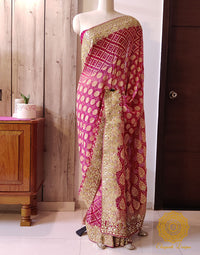 Plum Pure Banarasi Georgette Bandhani Gota Saree – Bandhani Saree Online India | Elegantt Drapes