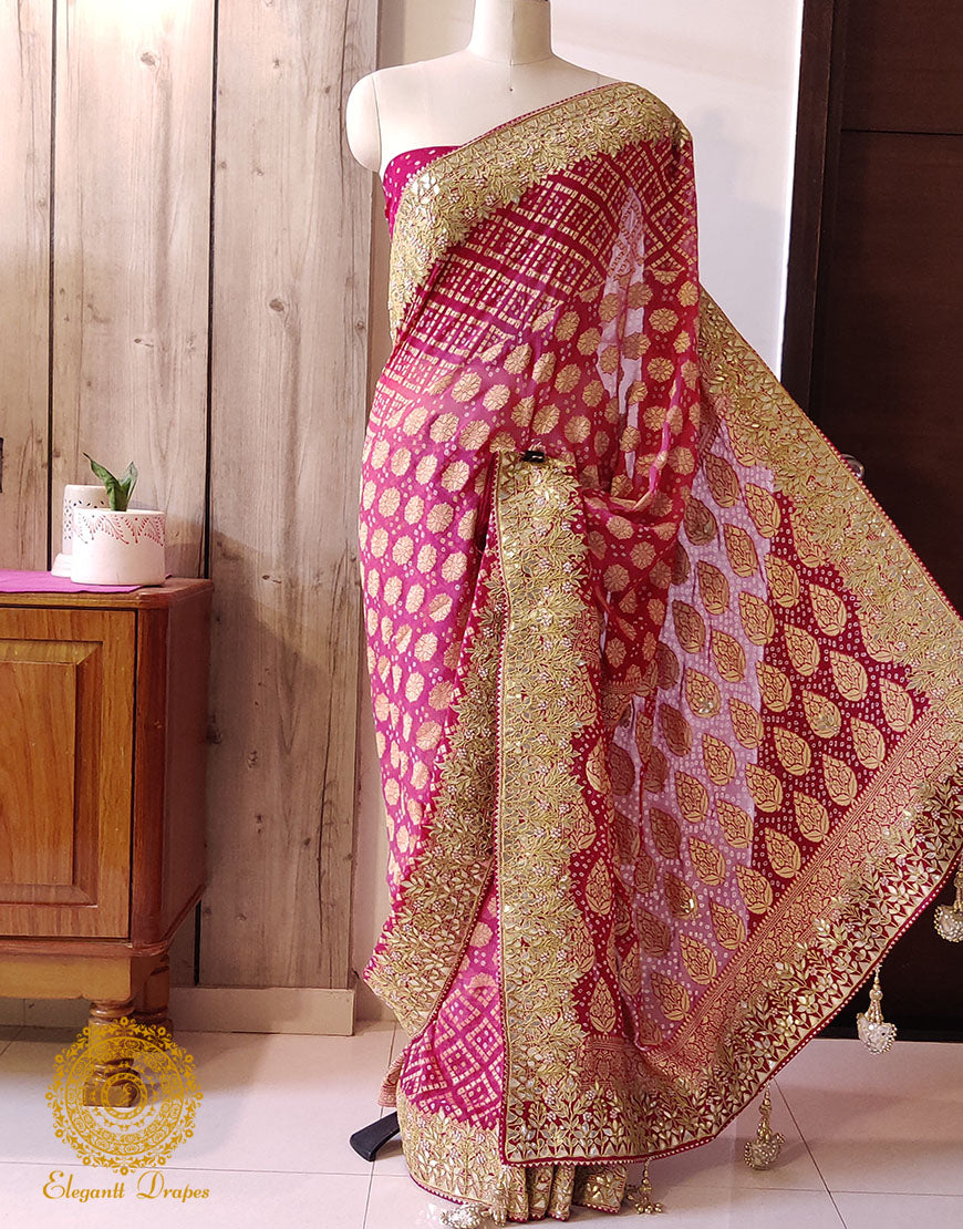 Plum Pure Banarasi Georgette Bandhani Gota Saree – Bandhani Saree Online India | Elegantt Drapes