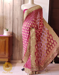 Plum Pure Banarasi Georgette Bandhani Gota Saree – Bandhani Saree Online India | Elegantt Drapes