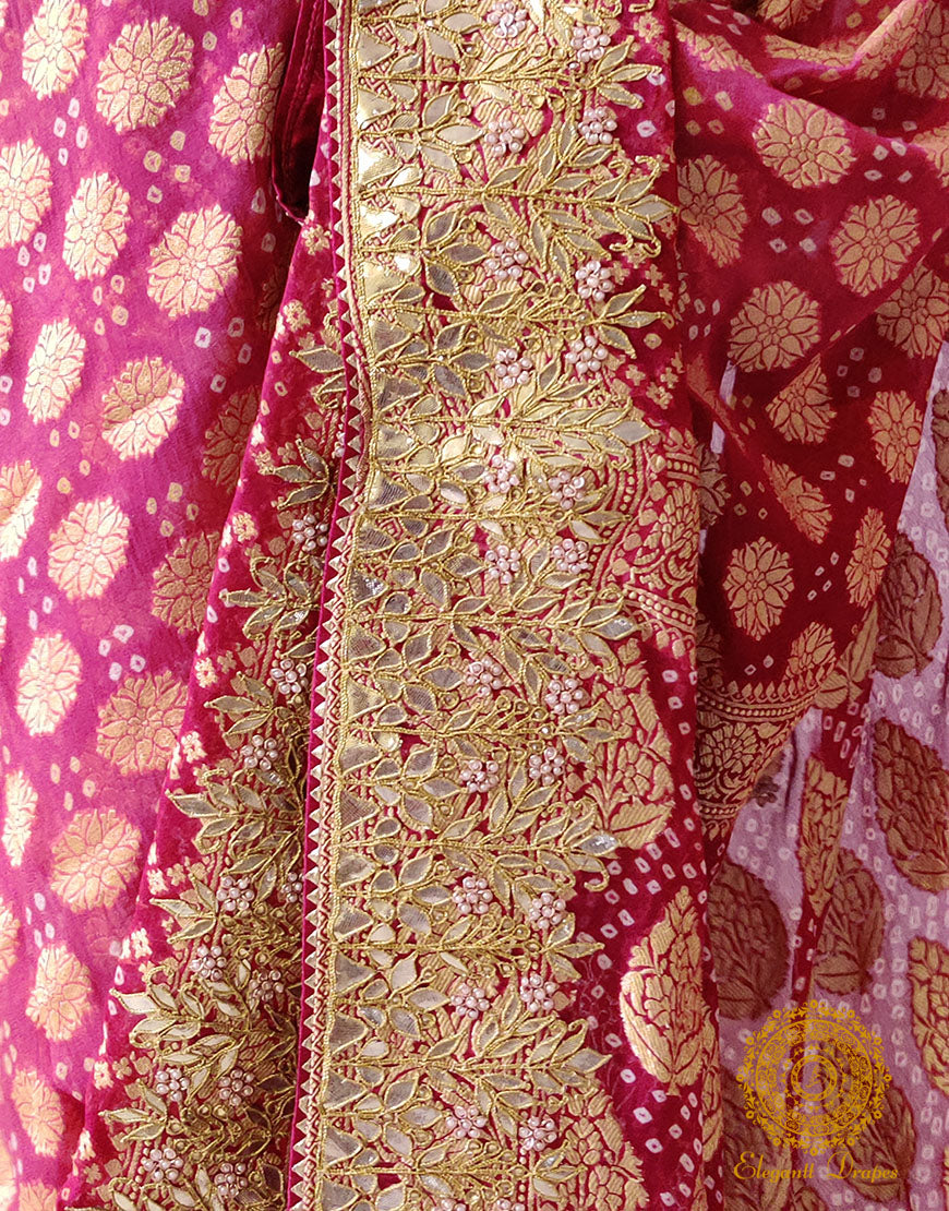 Plum Pure Banarasi Georgette Bandhani Gota Saree – Bandhani Saree Online India | Elegantt Drapes