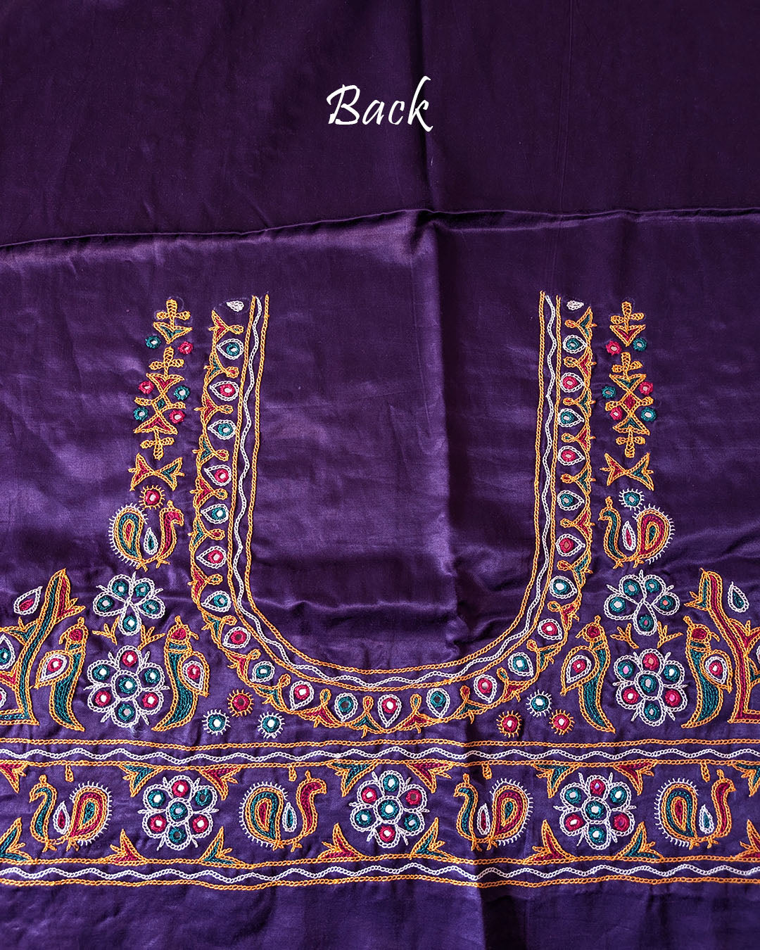 Back view of Purple Mashru Silk Blouse Piece with Kutch handwork