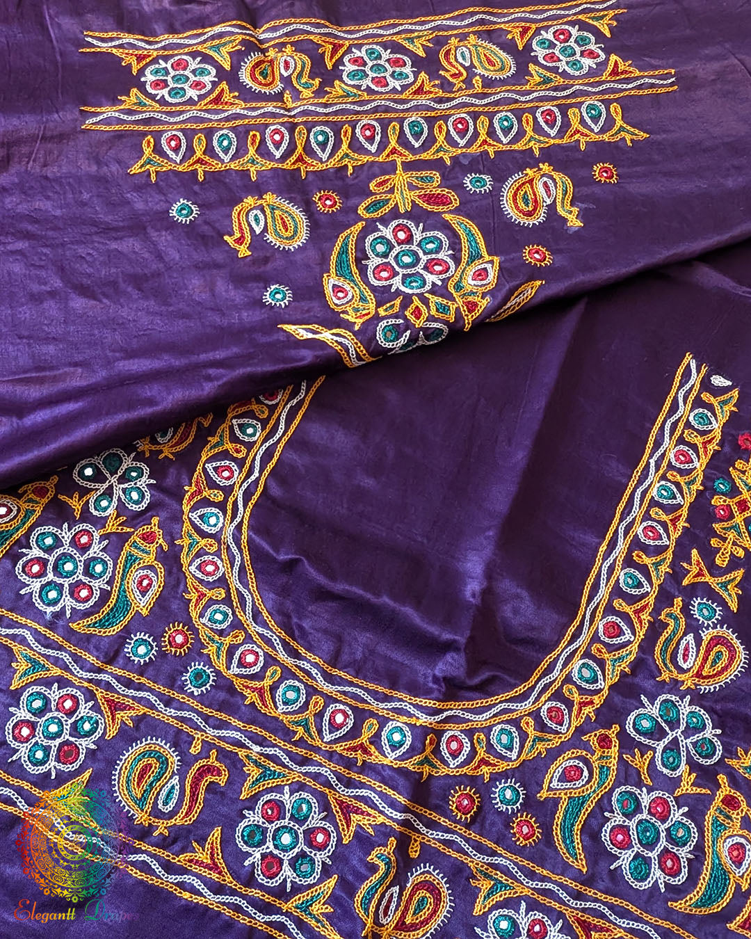 Purple Mashru Silk Kutch Work Blouse Piece full view