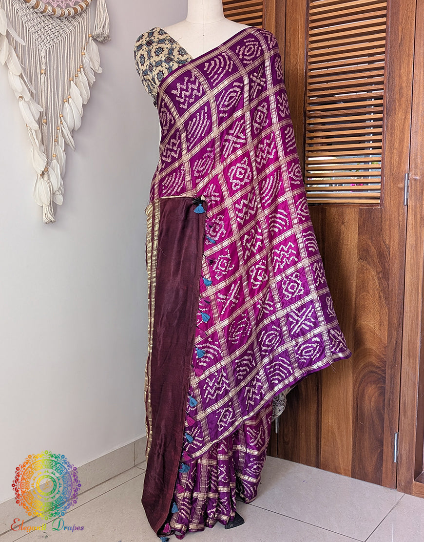 Purple Pink Shaded Gharchola Gaji Silk Bandhani Saree – Bandhani Saree Online India | Elegantt Drapes
