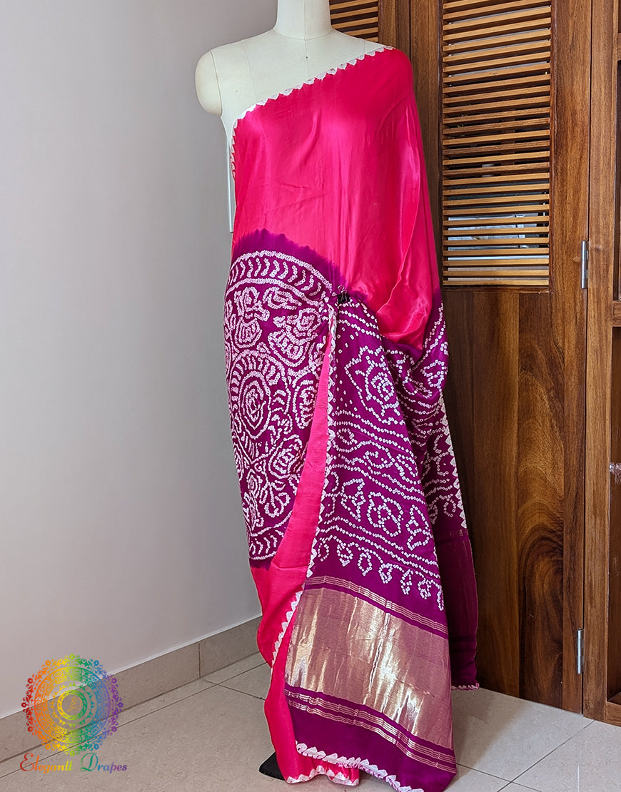 Pink Purple Pure Gajji Silk Rasmandal Bandhani Saree – Bandhani Saree Online India | Elegantt Drapes