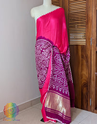 Pink Purple Pure Gajji Silk Rasmandal Bandhani Saree – Bandhani Saree Online India | Elegantt Drapes