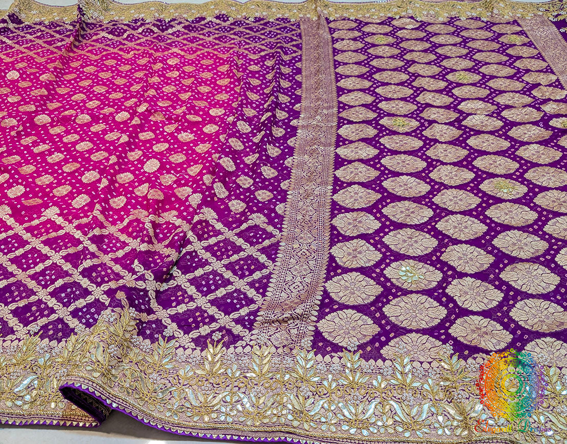 Purple Pink Banarasi Georgette Bandhani Gota Patti Saree – Bandhani Saree Online India | Elegantt Drapes