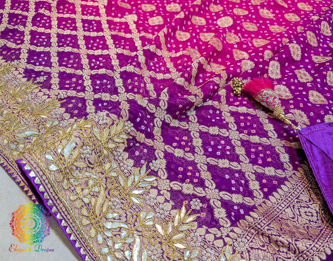 Purple Pink Banarasi Georgette Bandhani Gota Patti Saree – Bandhani Saree Online India | Elegantt Drapes