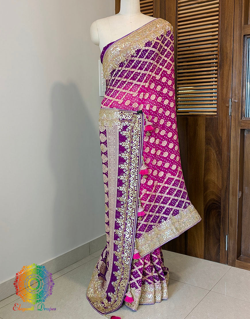 Purple Pink Banarasi Georgette Bandhani Gota Patti Saree – Bandhani Saree Online India | Elegantt Drapes