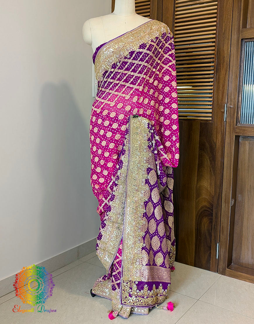 Purple Pink Banarasi Georgette Bandhani Gota Patti Saree – Bandhani Saree Online India | Elegantt Drapes