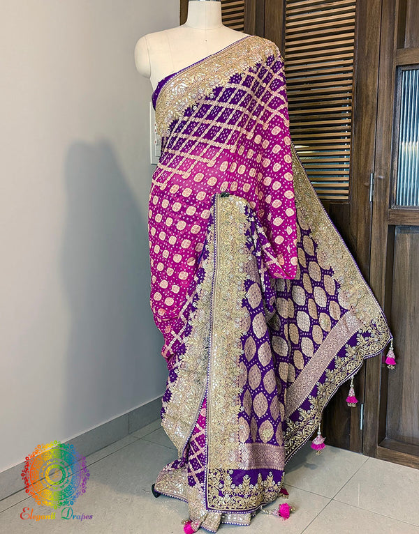 Purple Pink Banarasi Georgette Bandhani Gota Patti Saree – Bandhani Saree Online India | Elegantt Drapes