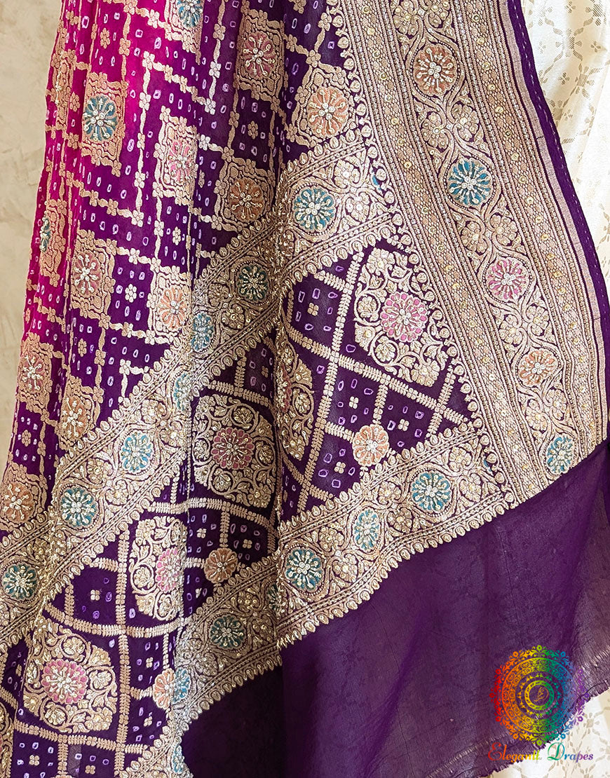 Purple Pink Bandhani Georgette Zardozi Embroidered Dupatta – Bandhani Saree Online India | Elegantt Drapes