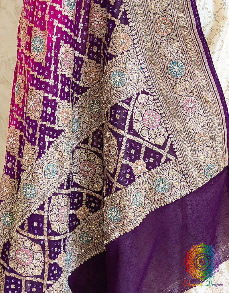 Purple Pink Bandhani Georgette Zardozi Embroidered Dupatta – Bandhani Saree Online India | Elegantt Drapes