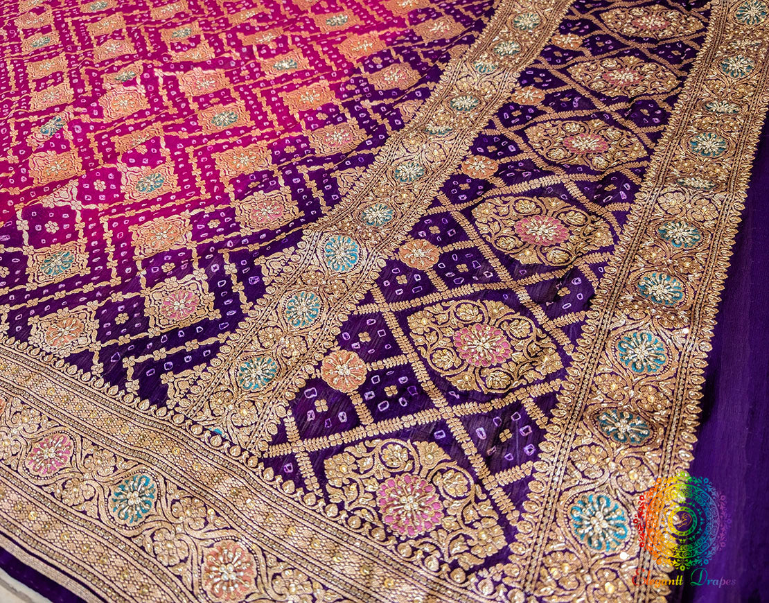 Purple Pink Bandhani Georgette Zardozi Embroidered Dupatta – Bandhani Saree Online India | Elegantt Drapes
