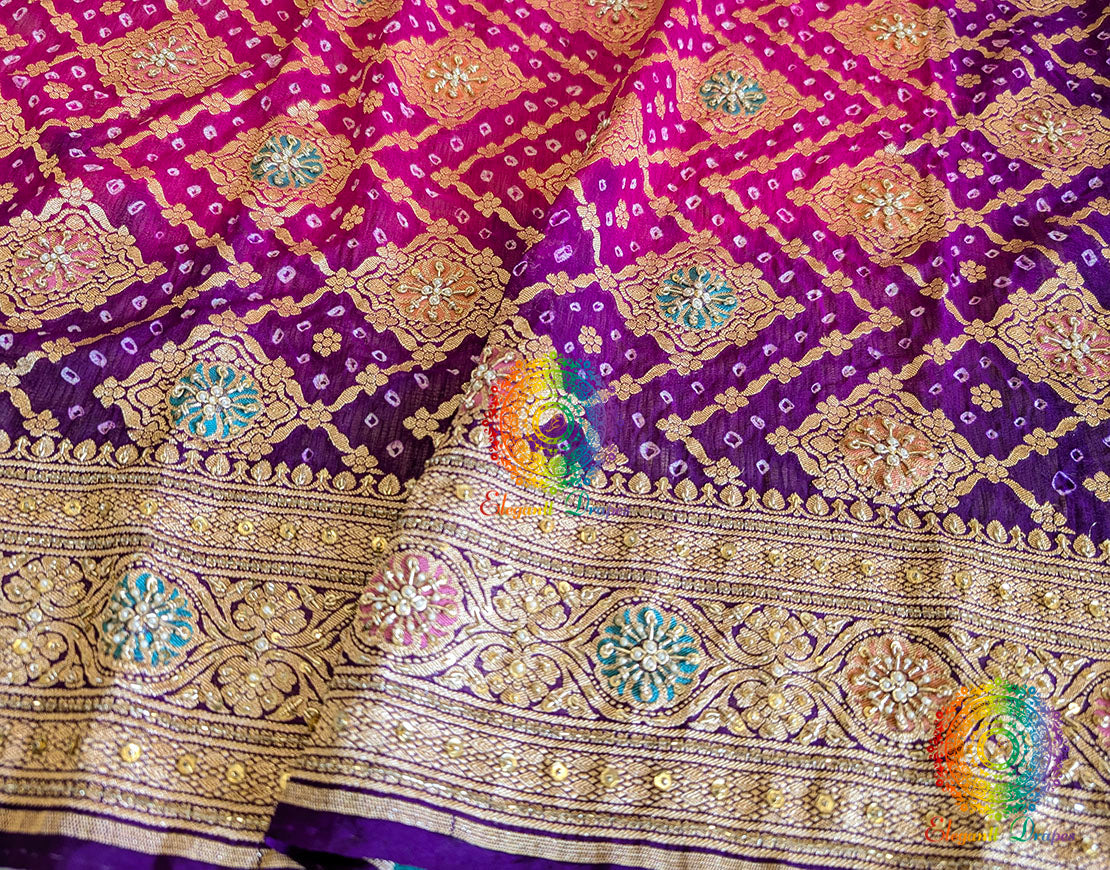 Purple Pink Bandhani Georgette Zardozi Embroidered Dupatta – Bandhani Saree Online India | Elegantt Drapes