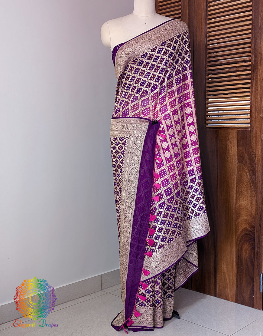 Purple Pink Banarasi Bandhani Khaddi Georgette Saree – Bandhani Saree Online India | Elegantt Drapes